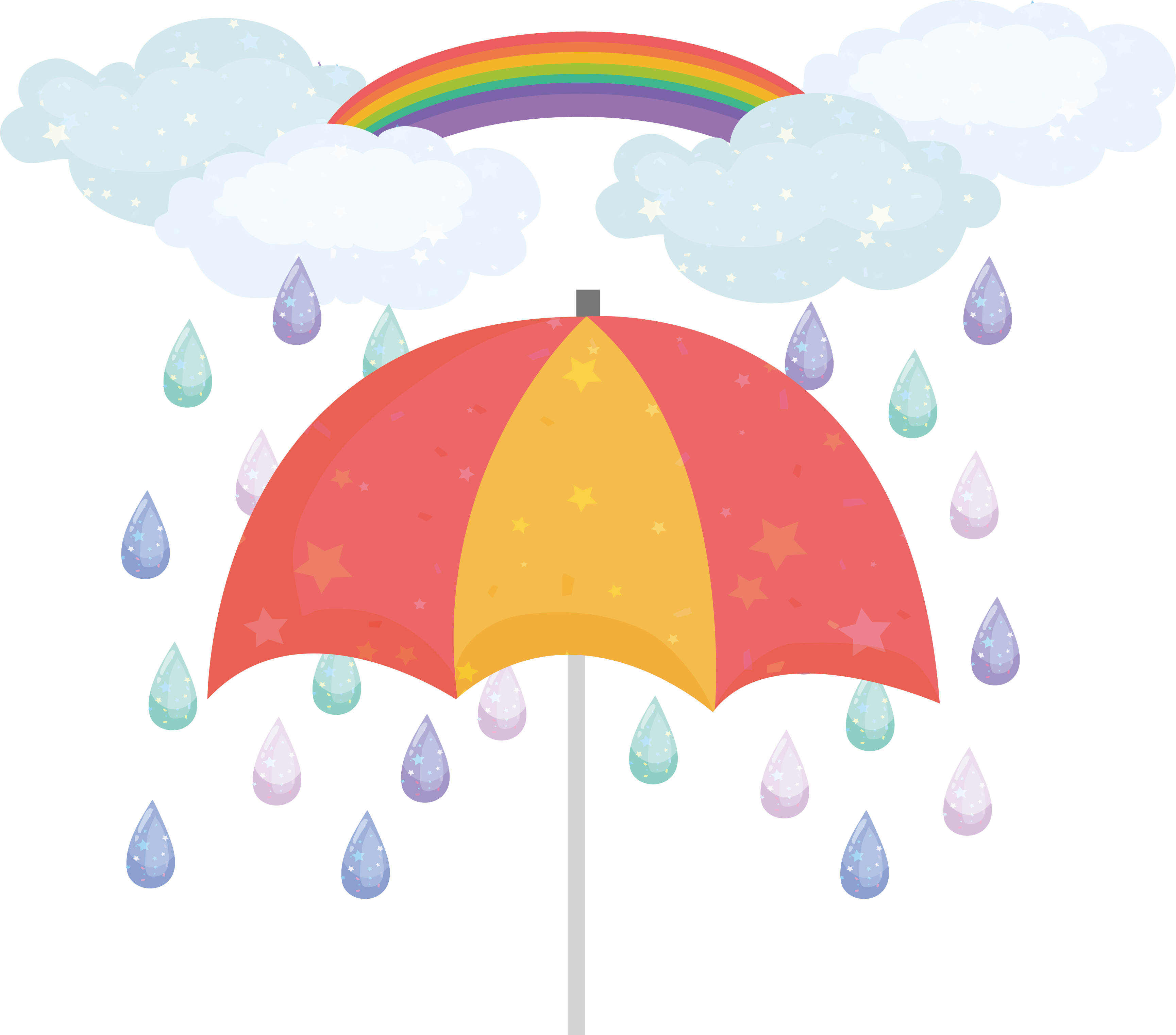 Umbrella And Rain Drops In Rainbow Colors Vector Image