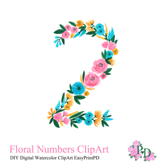 2 clipart numeral. Floral numbers print watercolor