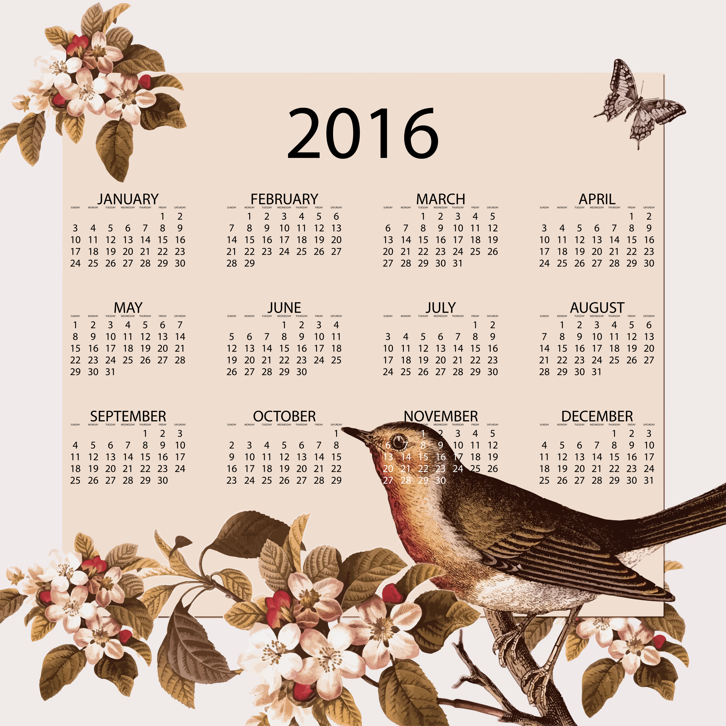 Vintage bird and floral. 2016 clipart 2016 calendar