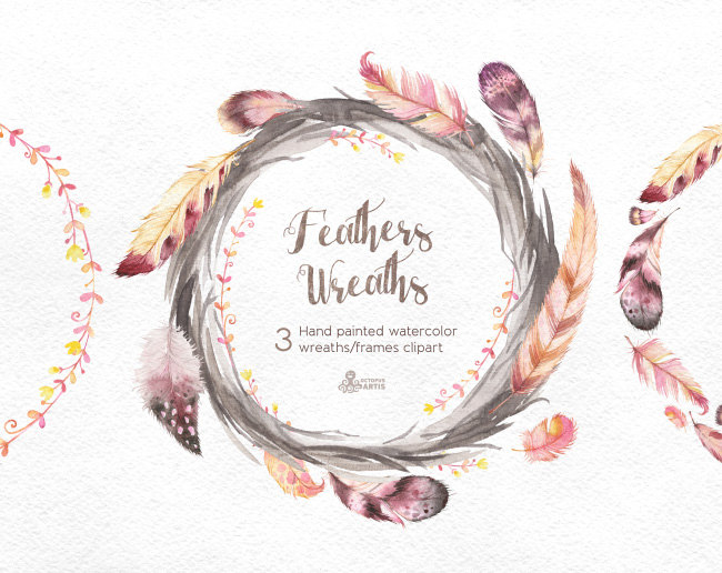 Feathers wreaths hand painted. 3 clipart feather
