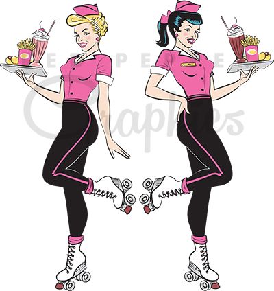 Waitress clipart fashion. Fifties diner on roller