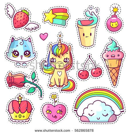 Stickers set in s. 90s clipart rainbow
