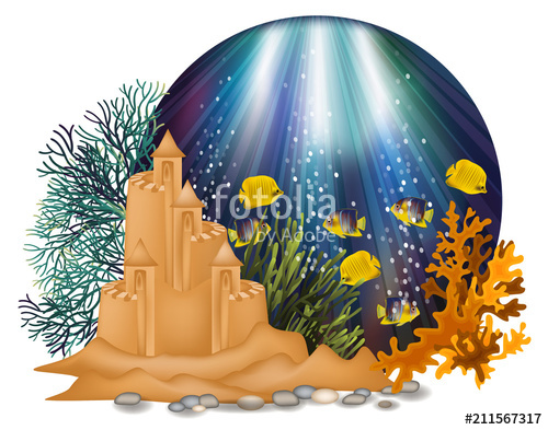 Underwater card with castle. Adobe clipart sand house