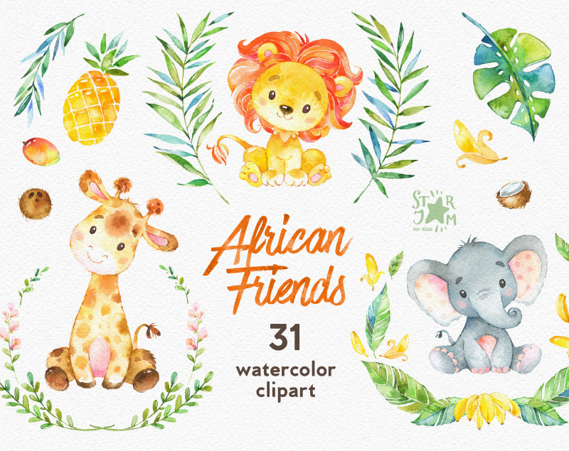 Africa clipart animal. African friends watercolor animals