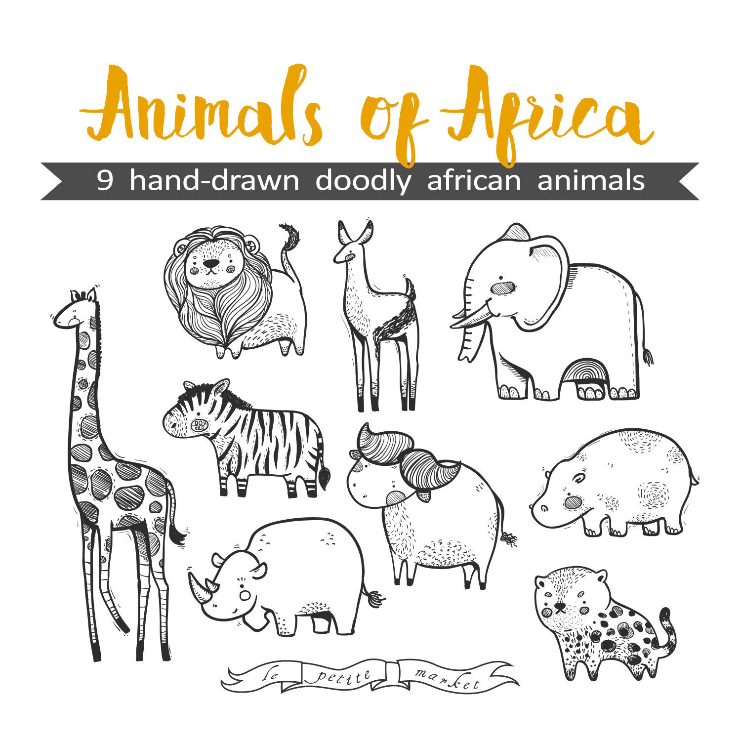 Africa clipart printable. Hand drawn cute animals