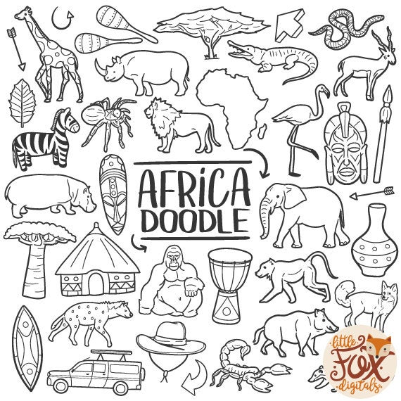 Travel doodle icons scrapbook. Africa clipart sketch