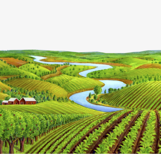 Illustration and river farmland. Farming clipart arable land