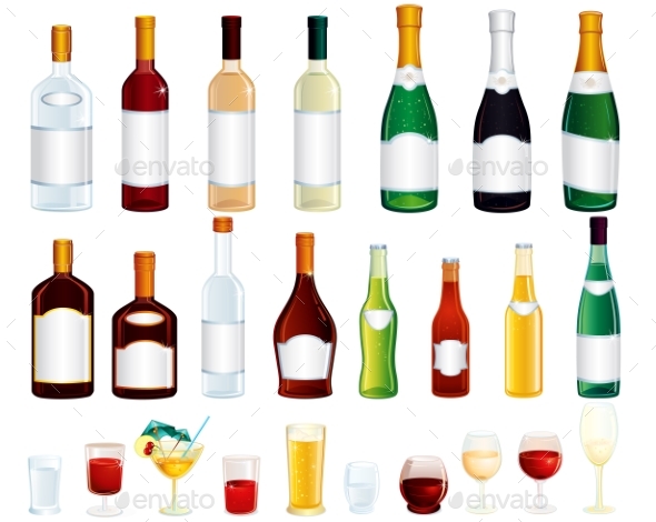 Various isolated bottles vector. Alcohol clipart alcohol bottle