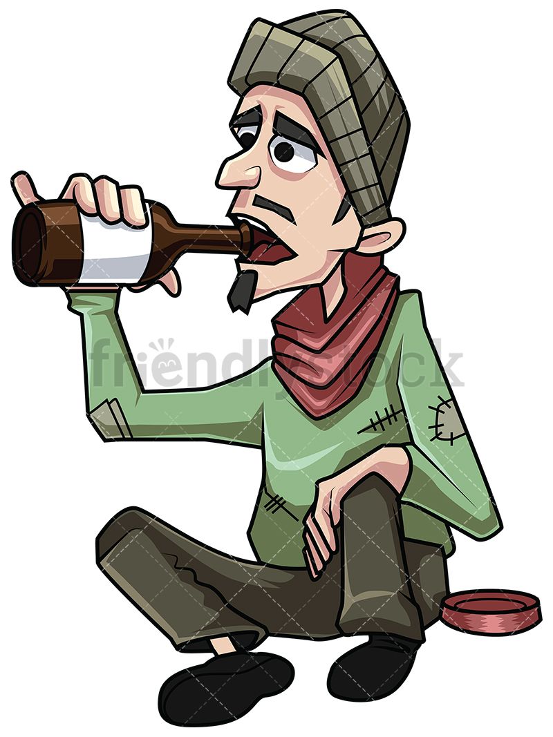 Poor homeless man drinking. Alcohol clipart illustration