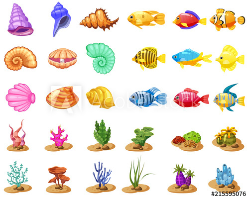 Cartoon vector game icons. Algae clipart colorful