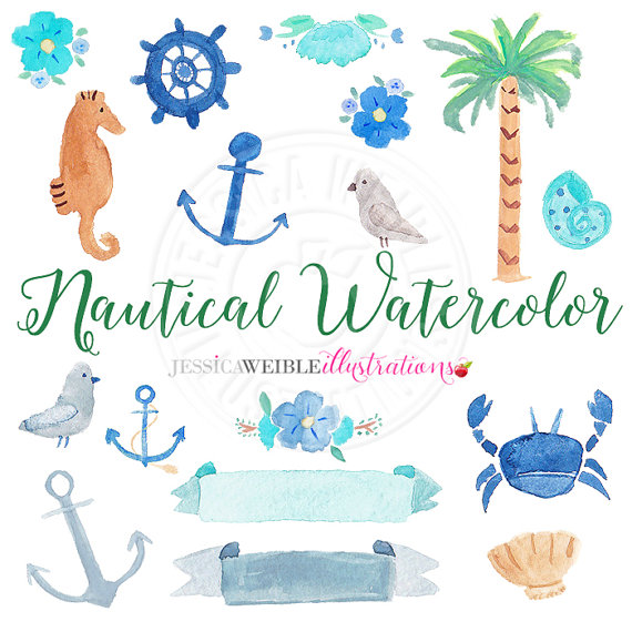 Anchor clipart watercolor. Nautical digital clip art