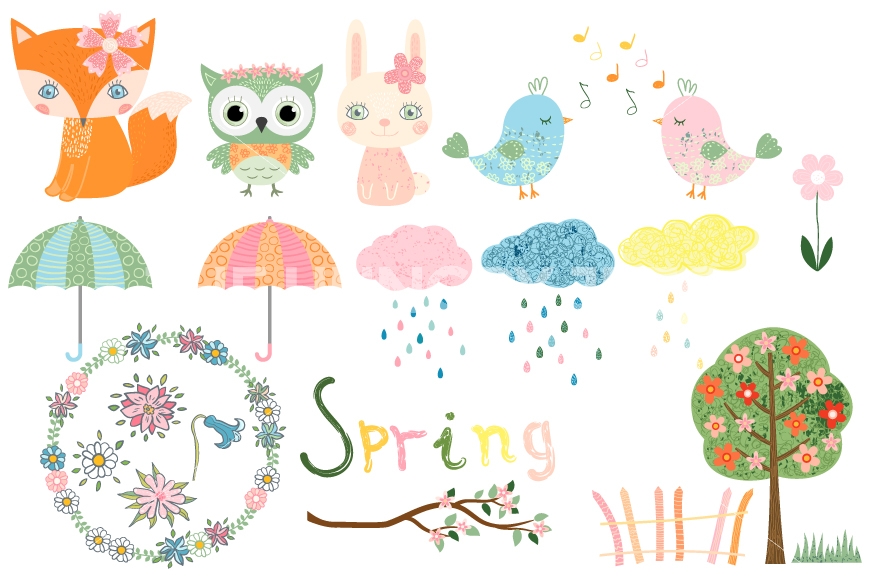 Cute set character clip. Animal clipart spring