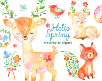 Animal clipart spring. Hello watercolor animals and