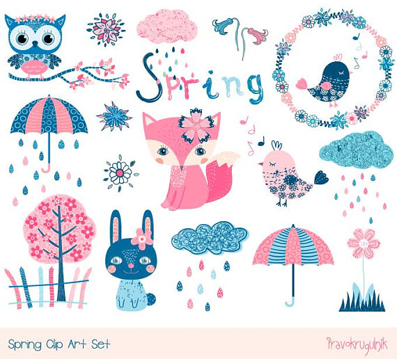 Cute set kawaii clip. Animal clipart spring
