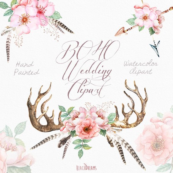 Watercolor wedding clip art. Antlers clipart feather