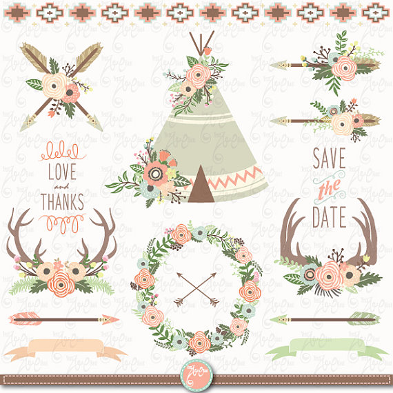 Floral clip art teepee. Antler clipart tribal