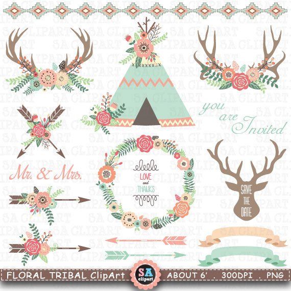 Antler clipart tribal. Floral teepee tents clip