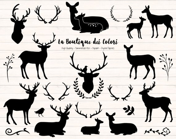 Black deer silhouette graphics. Antlers clipart cute