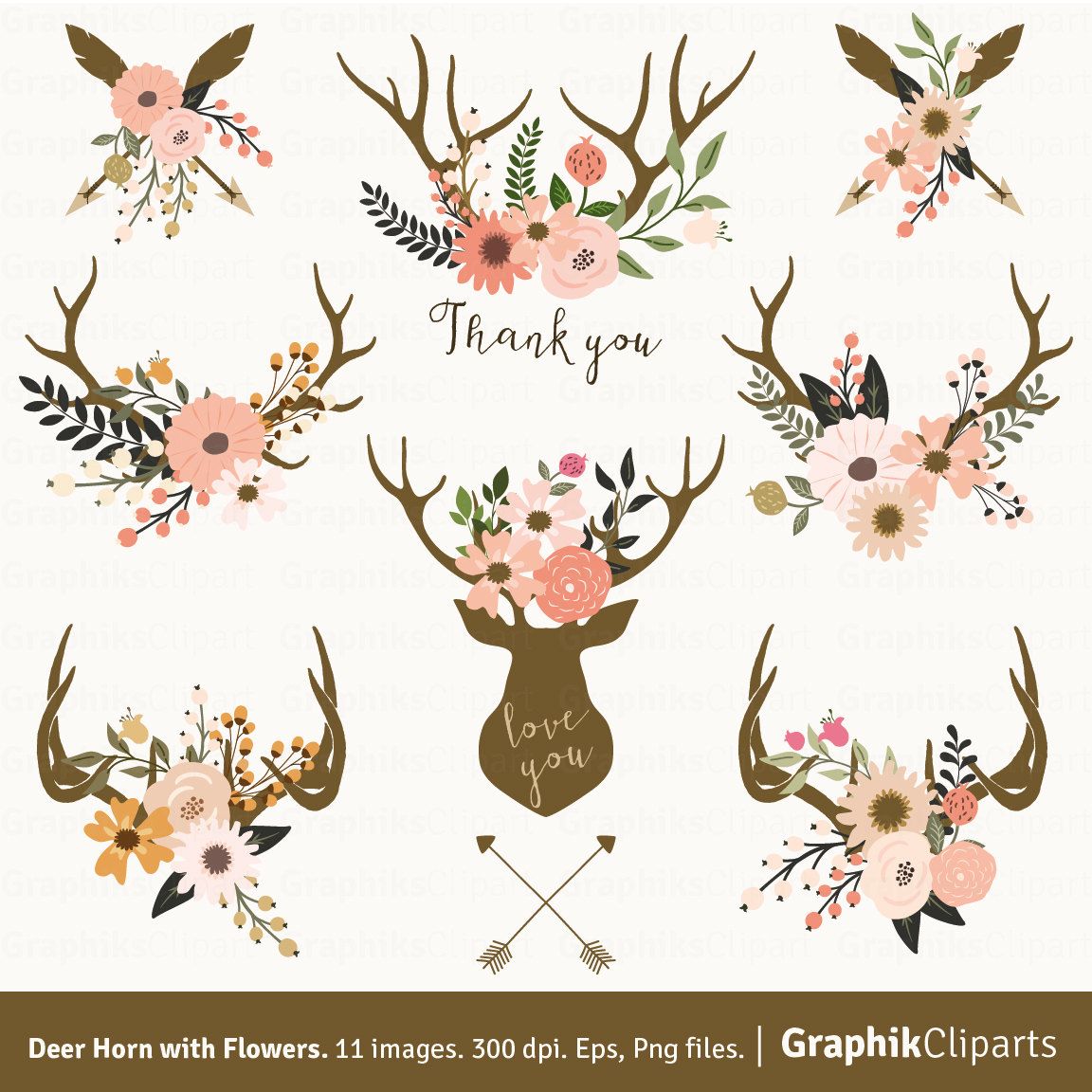 Deer horn with flowers. Antlers clipart hipster