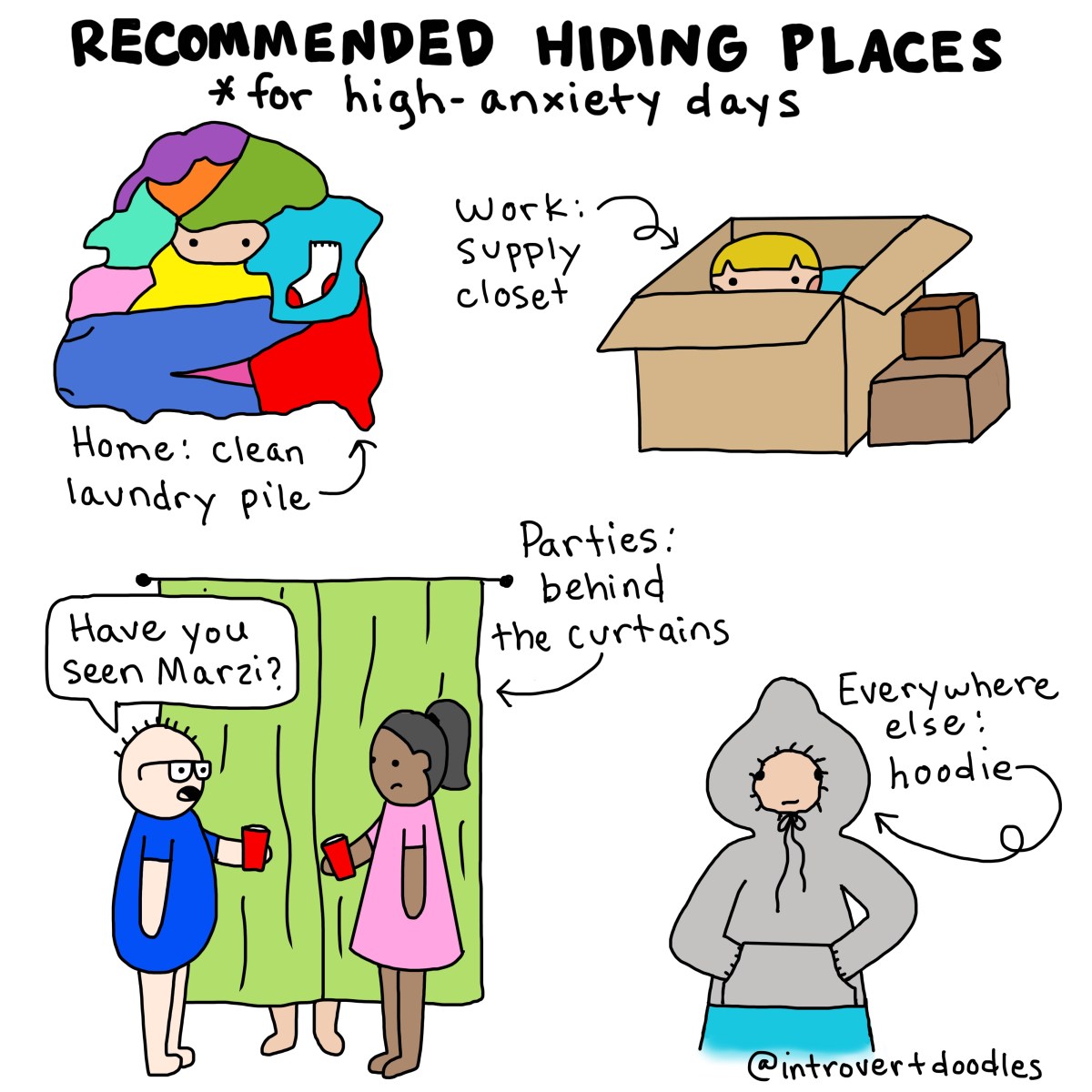 Anxiety clipart emergency supply. Introvert doodles hiding places