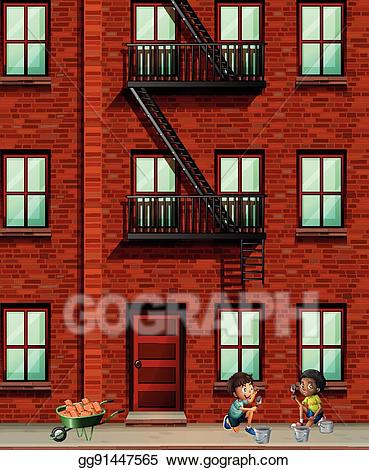 Apartment clipart brick building. Vector art scene with