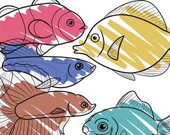 Etsy line art fish. Aquarium clipart treasure chest