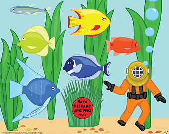 Etsy fish colorful digital. Aquarium clipart treasure chest