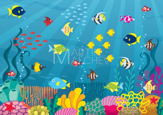 Aquarium clipart under sea. Undersea vector cartoon illustration