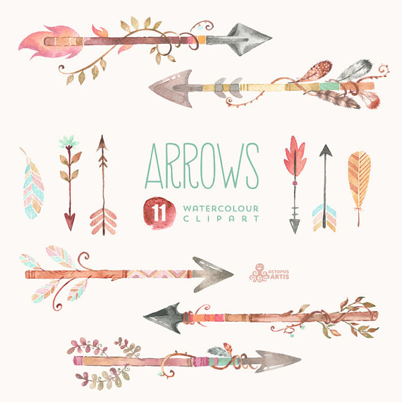 Arrows clipart feather. Watercolor hand painted elements