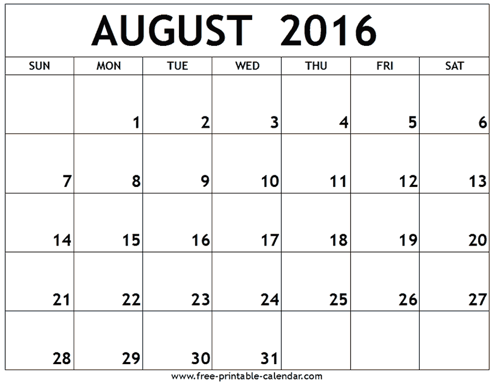 Calendar printable and template. August clipart august 2016