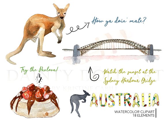 Watercolor travel illustrations creative. Australia clipart bridge