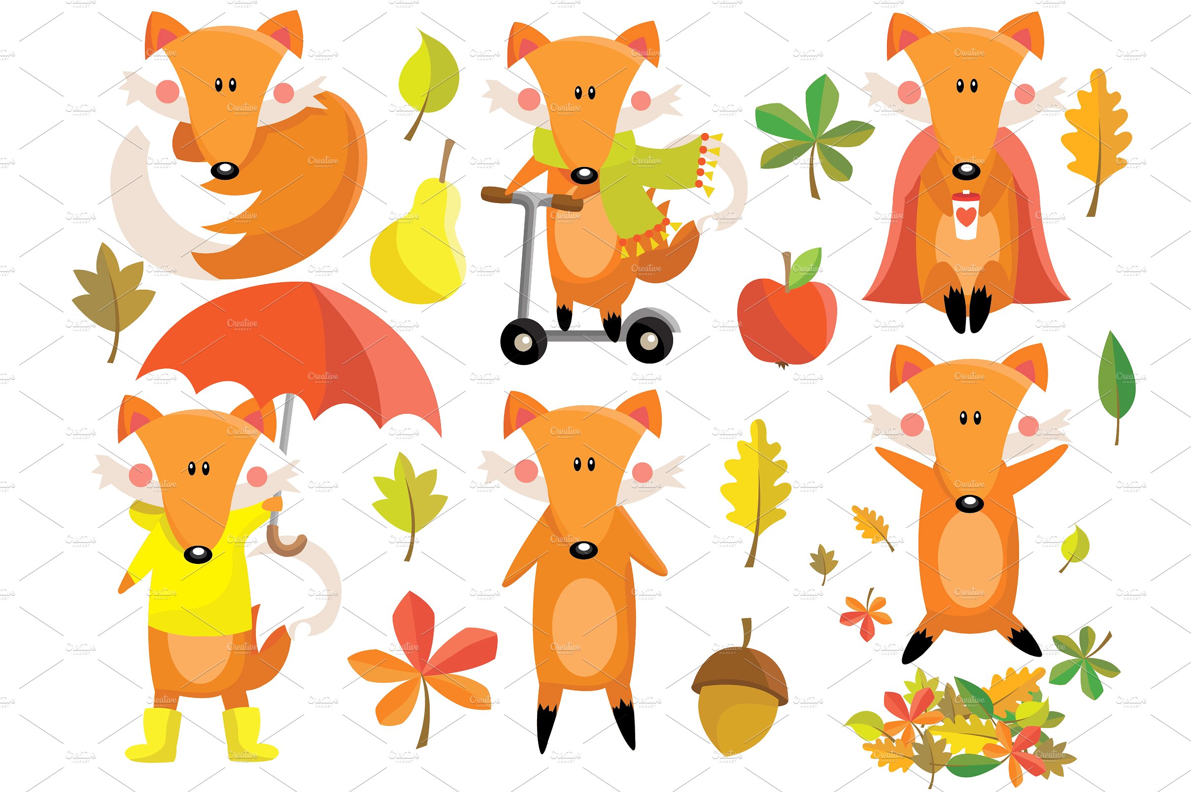 Set illustrations creative market. Autumn clipart fox