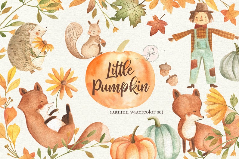 Autumn clipart watercolor. Fall pumpkin printable digital