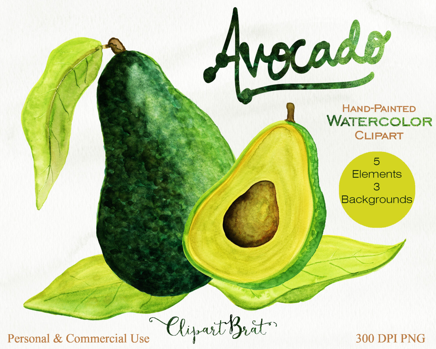 Watercolor commercial use clip. Avocado clipart different fruit