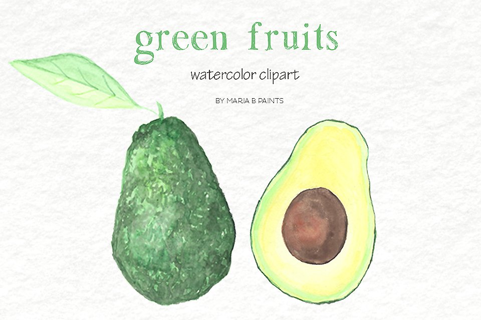 Watercolor clip art illustrations. Avocado clipart green fruit