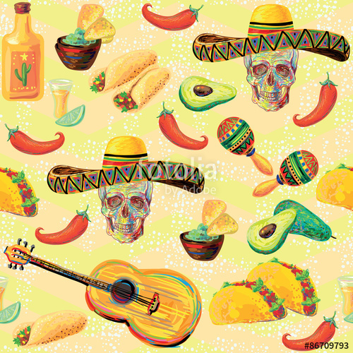 Mexican seamless music pattern. Avocado clipart mustache