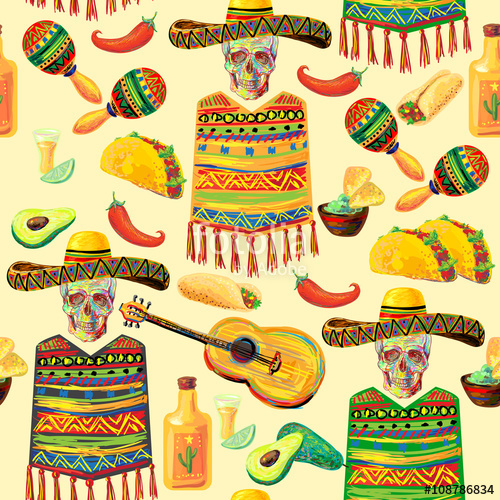 Mexican food seamless music. Avocado clipart mustache