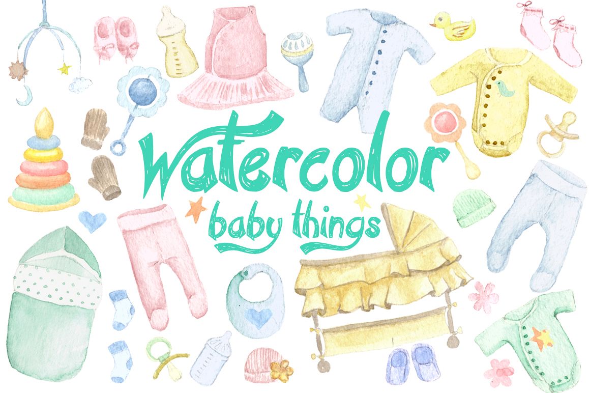 Baby things set by. Babies clipart watercolor