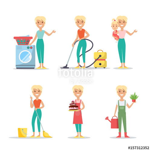 Babysitting clipart woman child. Flat wash clean cook
