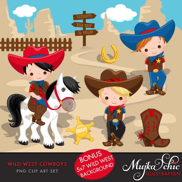 Background clipart wild west. Cute cowboy red blue