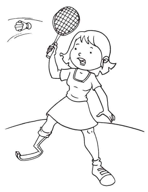Disabled girl playing coloring. Badminton clipart colouring page
