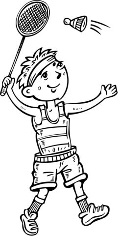 Badminton clipart colouring page. Boy playing coloring free