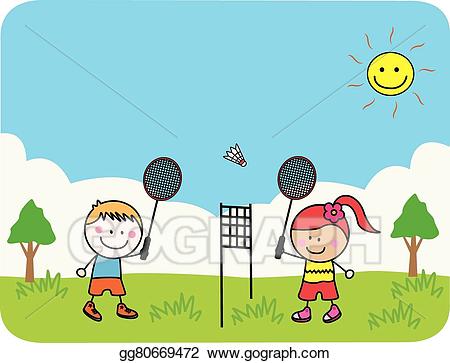 Vector stock kids playing. Badminton clipart illustration