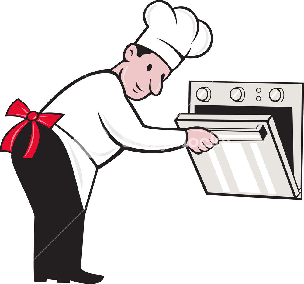 Cartoon chef cook opening. Baker clipart baker oven