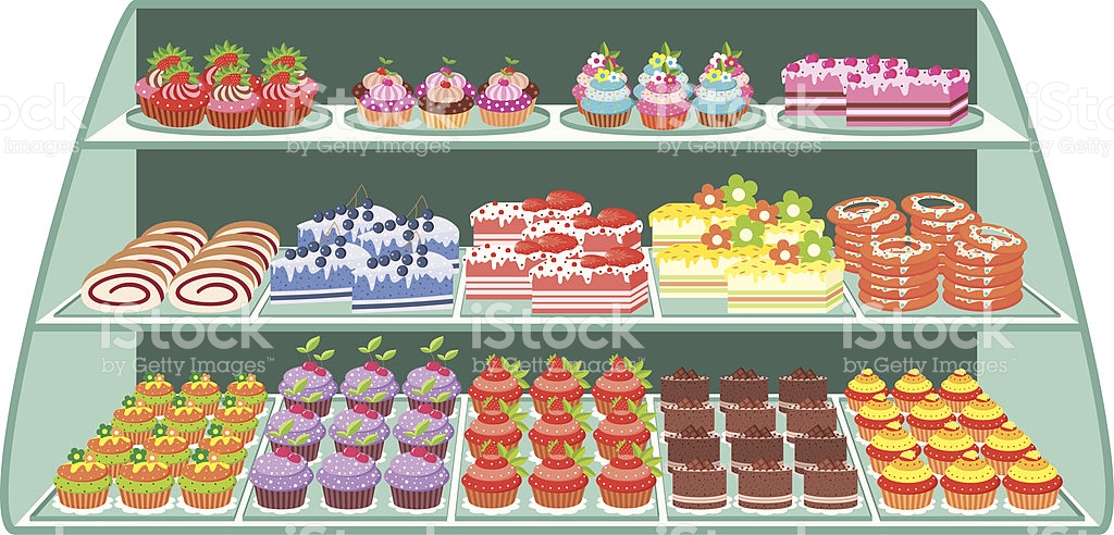 Pencil and in color. Bakery clipart display case