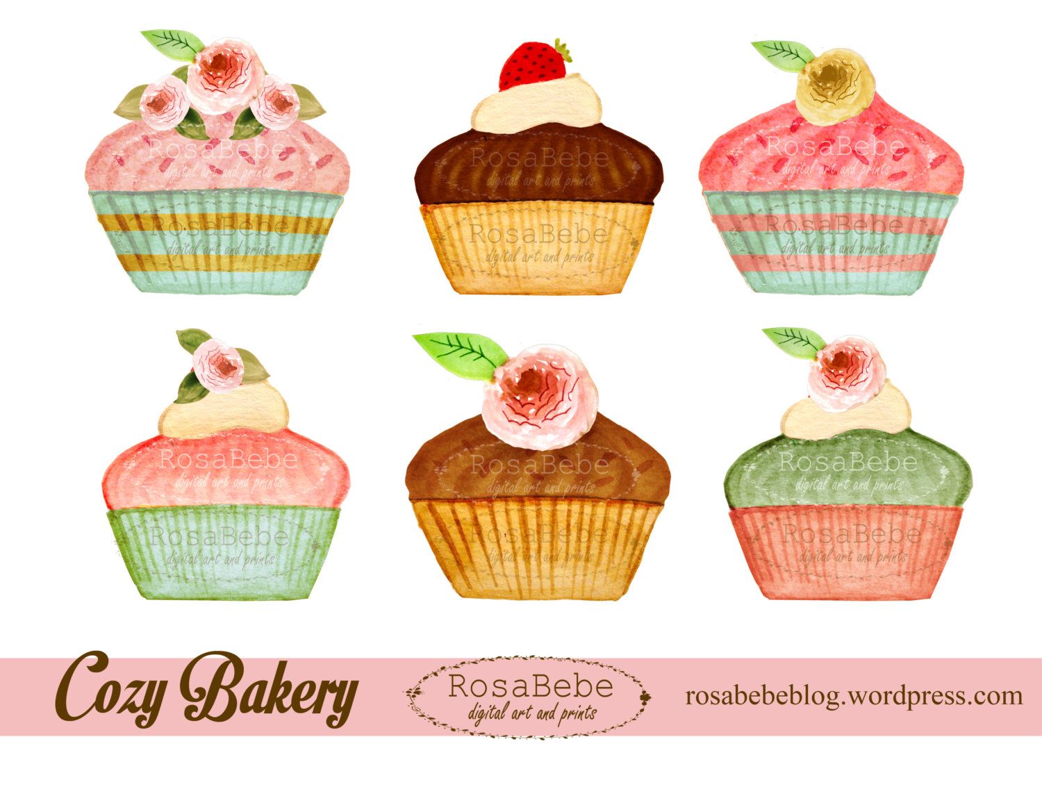 Cupcake tea party cakes. Bakery clipart watercolor