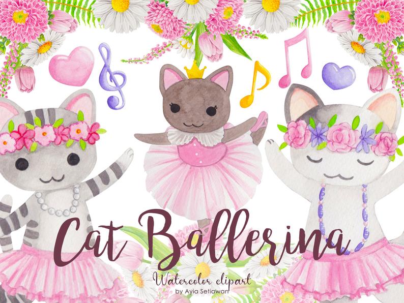 Watercolor clip art . Ballerina clipart cat