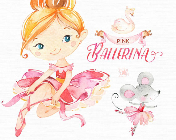 Pink ballerina little girl. Ballet clipart watercolor
