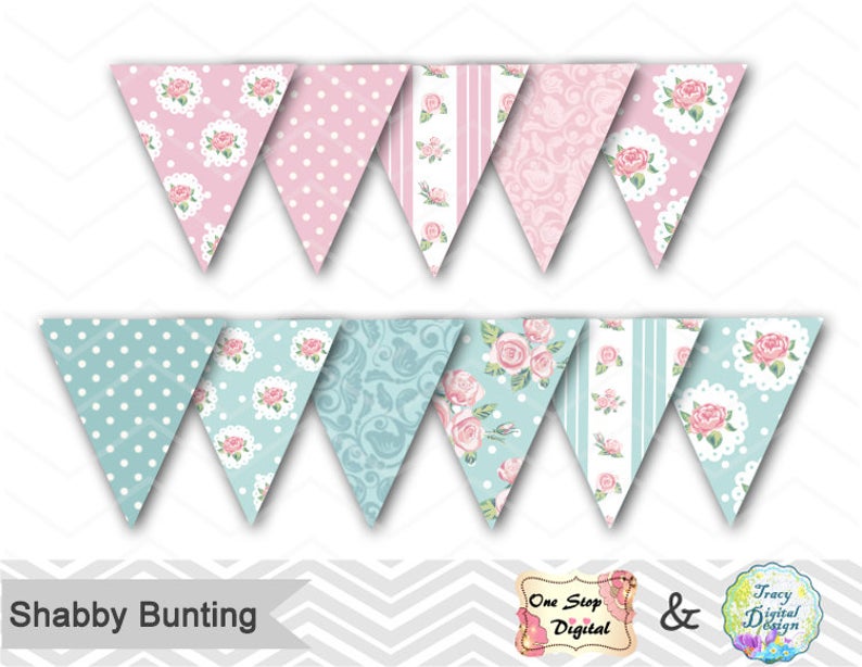 Printable bunting tea party. Clipart banner shabby chic