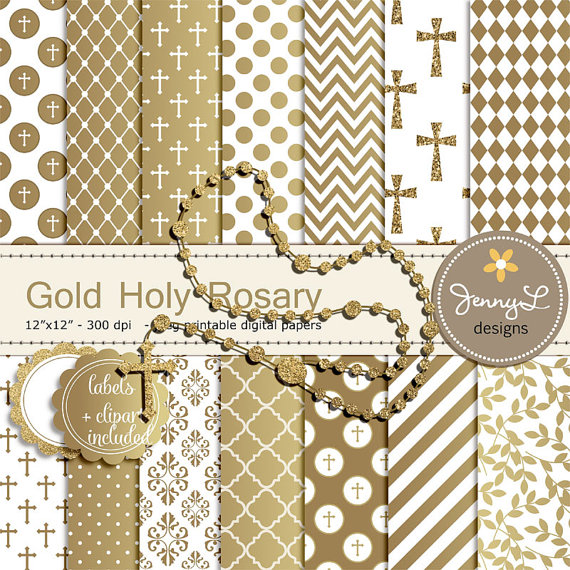 Gold rosary digital papers. Baptism clipart glitter